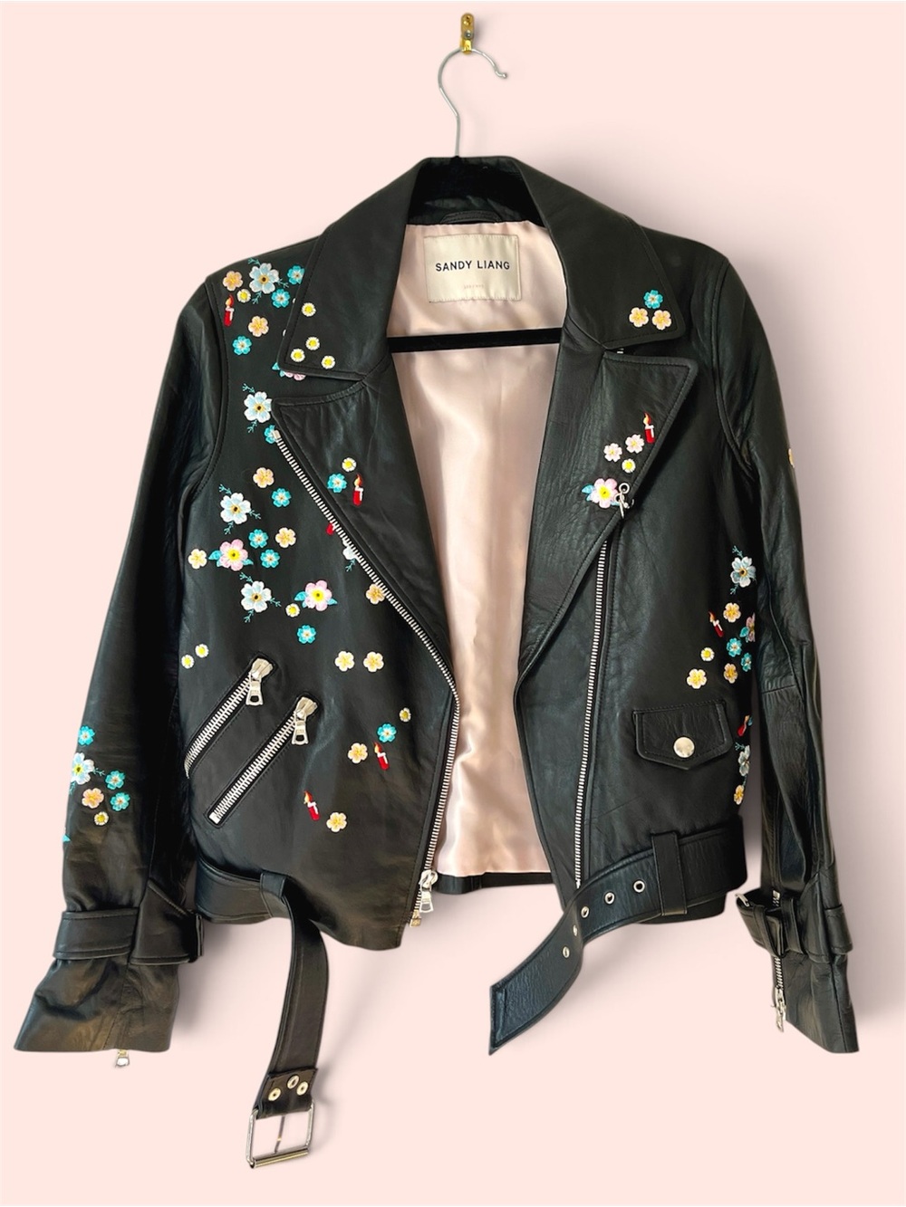 Sandy Liang Black Leather Moto Jacket with Multicolor Floral Embroidery